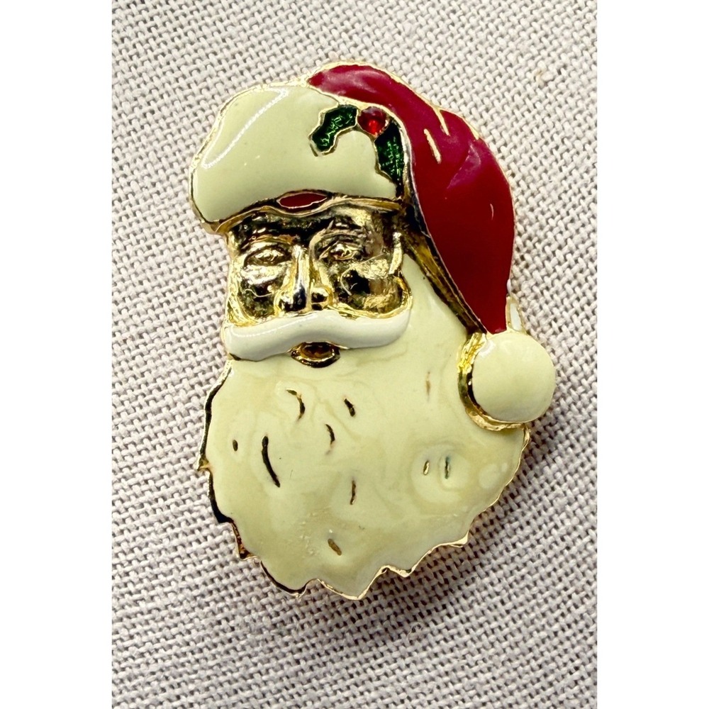 Santa Claus Christmas Brooch Cream Red Green Gold Tone‎ Holiday Pin